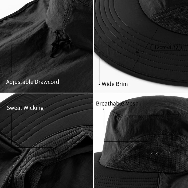Home Prefer Outdoor UPF50+ Sun Hat Wide Brim Mesh Fishing Hat with Neck Flap (Black) - Image 4